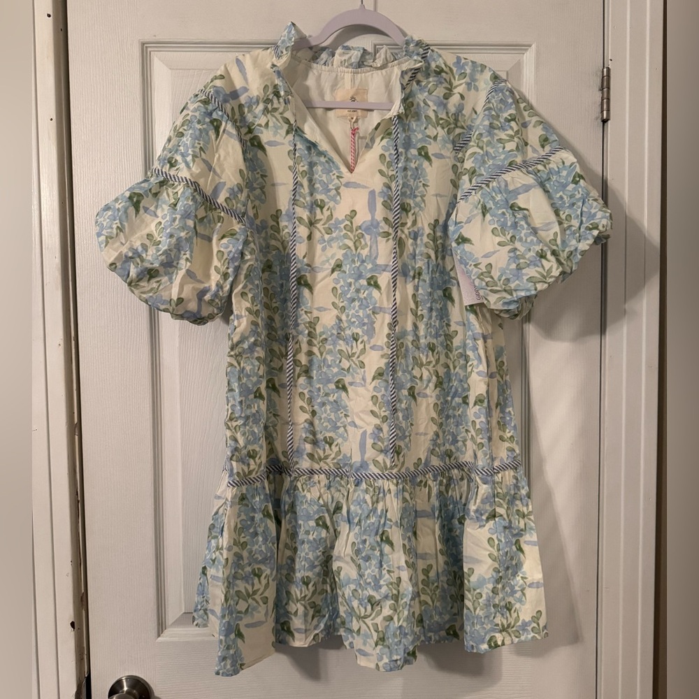 Umgee Blue and White Floral Blouse with Ruffle Sleeves